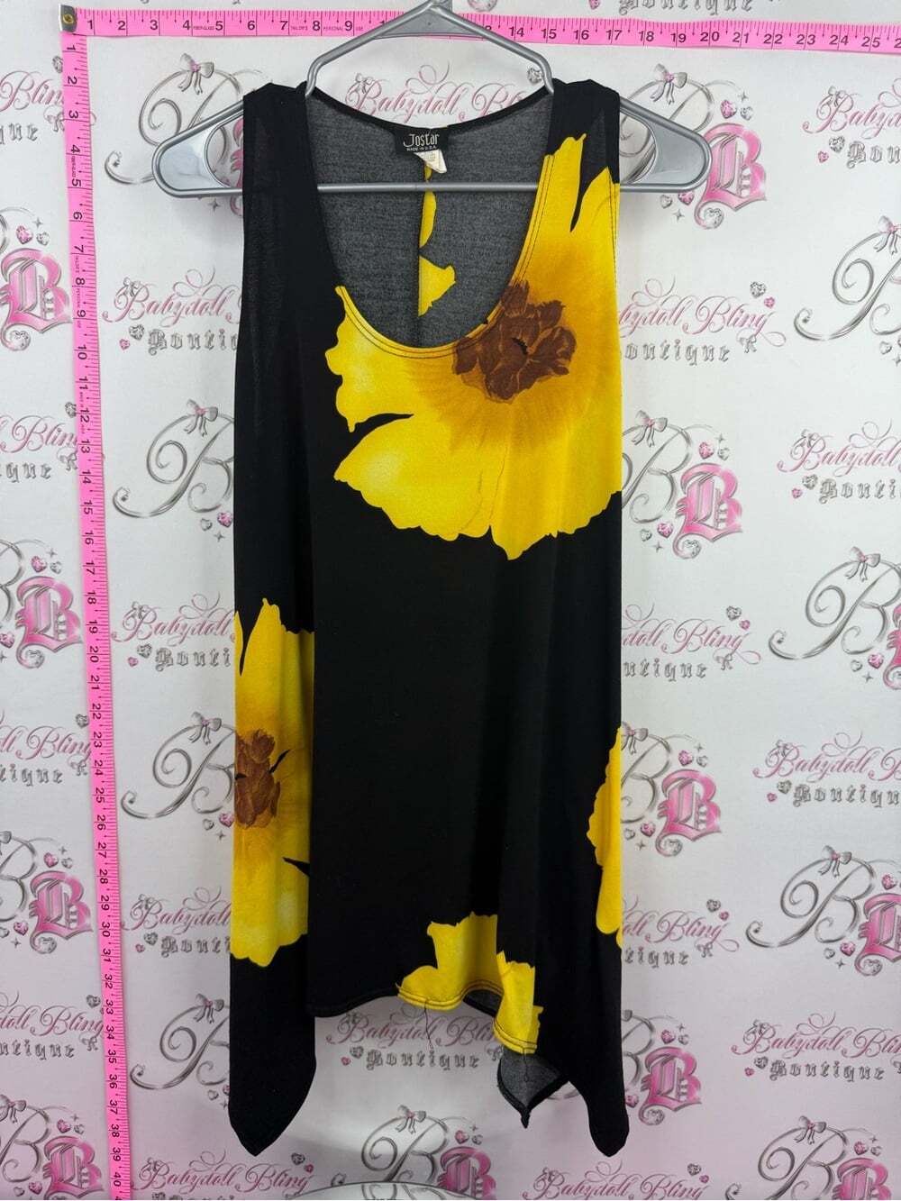 JOSTAR mini dress or long tank Black Tank Dress with Bold Yellow Floral Print